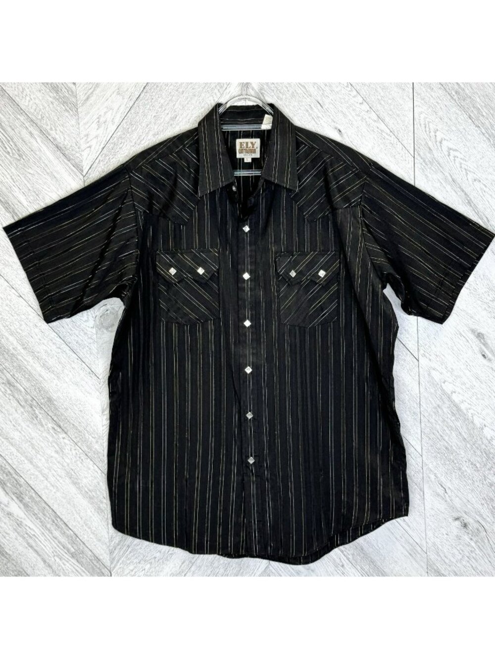 Ely Cattleman Western Pearl Snap Shirt Mens Large Short Sleeve Black Metallic